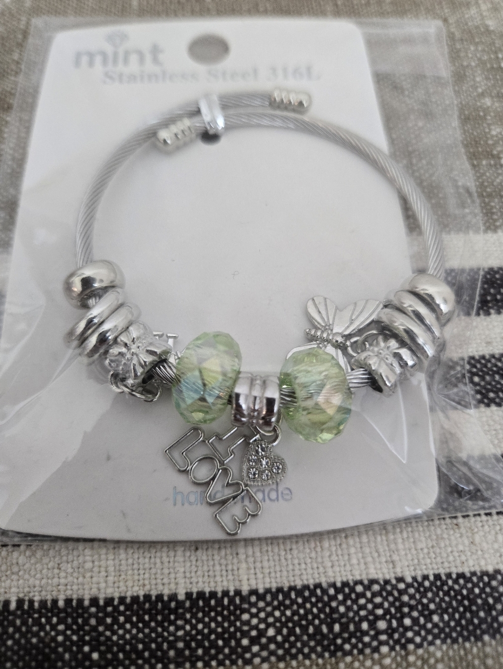 Mint NWT Women's Charm Bracelet with Pale Green Faceted Beads - Picture 3 of 4
